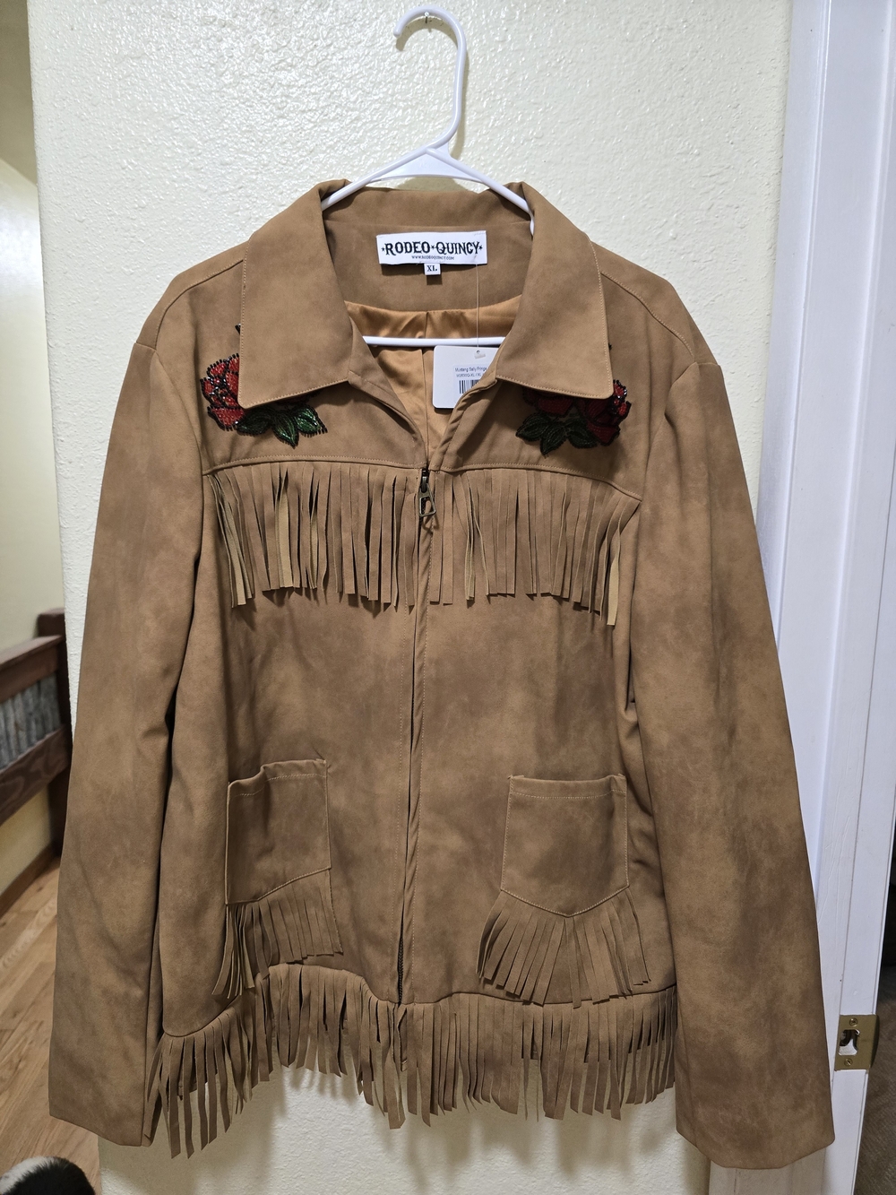 Rodeo Quincy Mustang Sally Tan Suede Fringe Jacket with Rose Embroidery